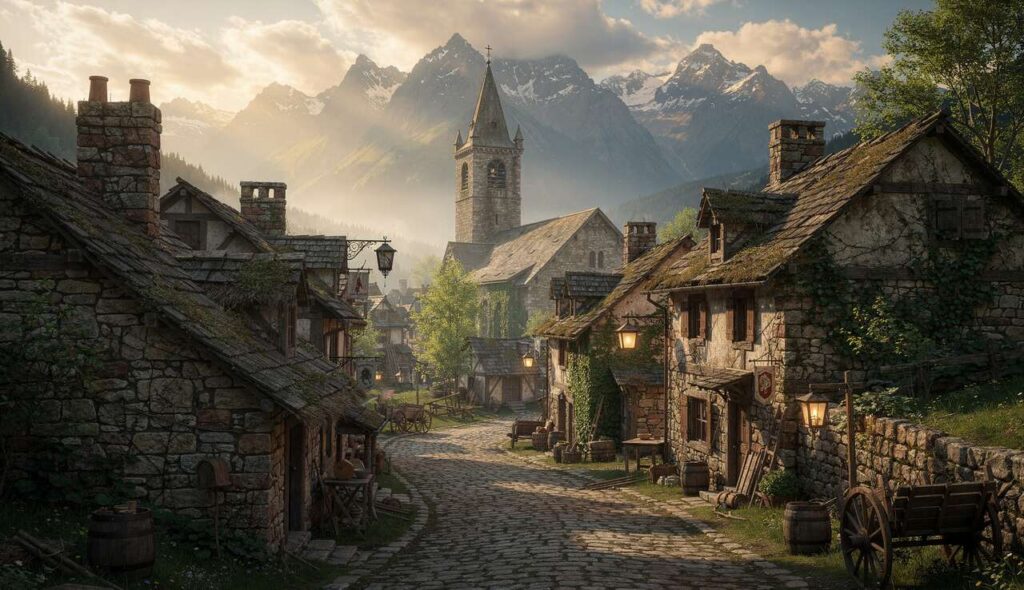 Le bourg médiéval face aux montagnes : une immersion totale dans une atmosphère chargée d’histoire